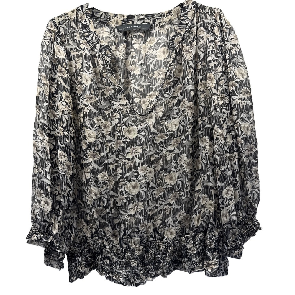 Zara Women's Top Blouse Size Large V Neck Black Tan Smocked Cuffs 3/4 Sleeves